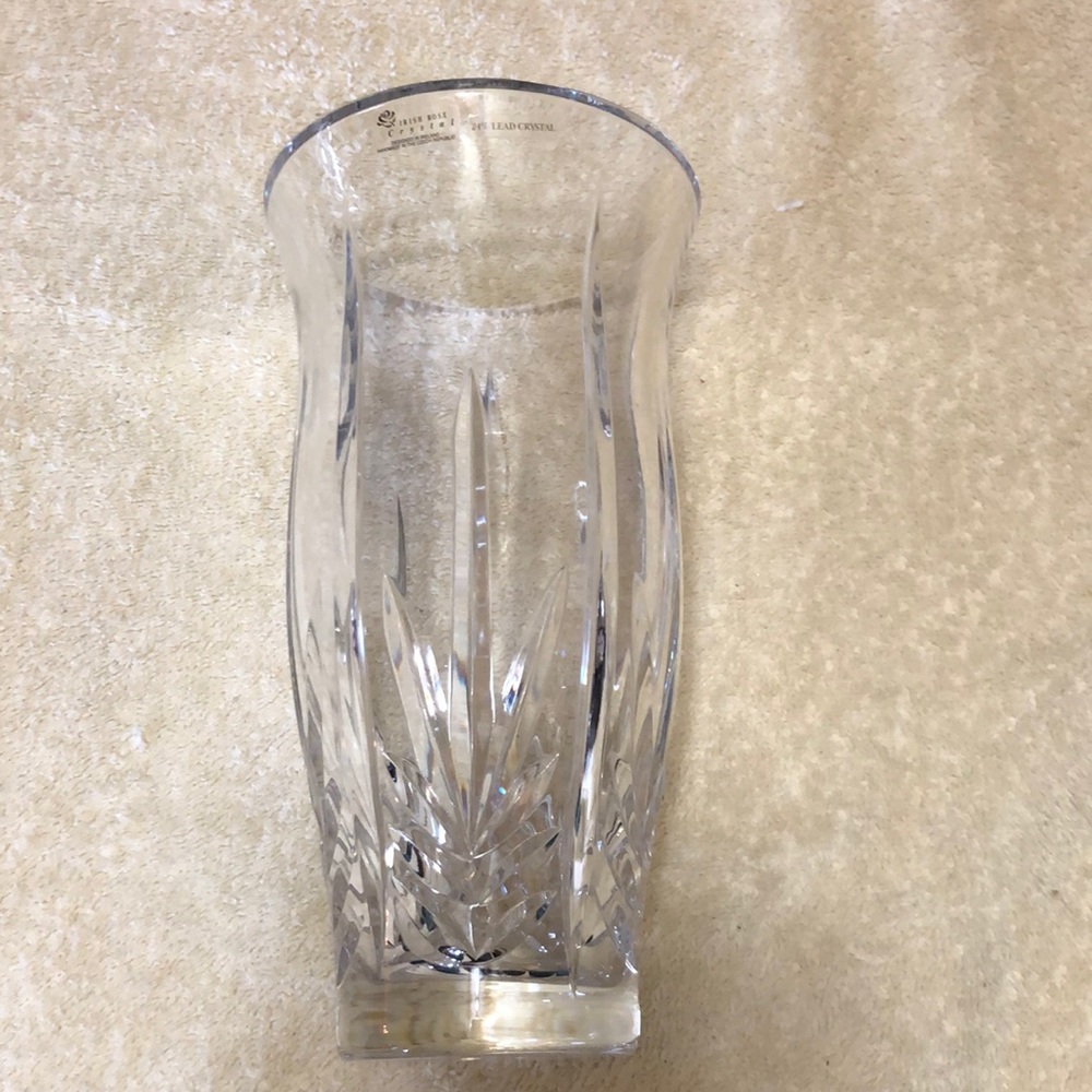Irish Rose Cut Crystal Vase Czech 24% Lead Leaf Design Original Sticker 8”